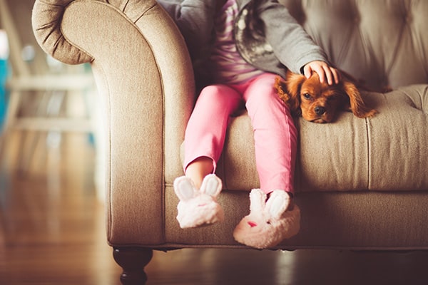 Girl sitting on a brown sofa with a dog