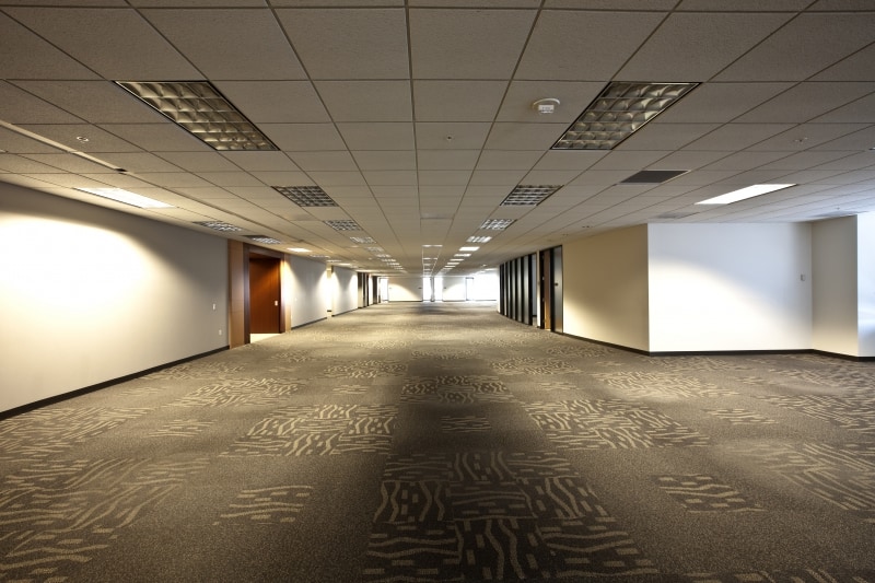 Patterned tan and brown commercial carpet in an office