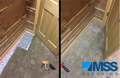 Before and After showing Denver carpet repair. A new piece of tan carpet is seamed in where previously a dog had torn a hole in the carpet. After repairing the hole with a new piece of carpet, it will be stretched back against the wall