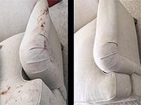 Upholstery cleaning in Golden removing makeup from a white sofa using Drimaster upholstery cleaning tool