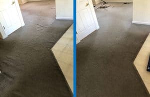 Carpet Repair and Carpet Stretching Denver Before and After - fixing a wrinkled brown carpet using a power stretcher and other carpet stretching tools
